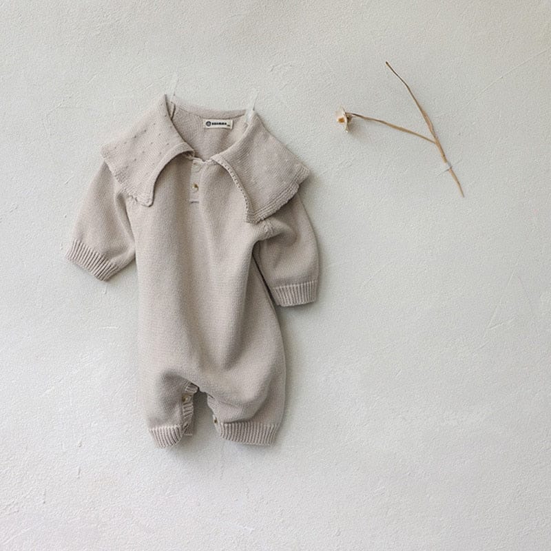 長袖ロンパース Beige Rompers / 66cm ベビー ニット ビッグカラー 長袖 ジャンプスーツ 帽子 セット【mh0001032】