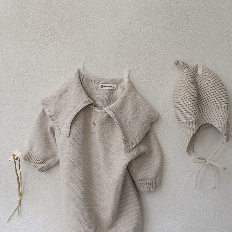 長袖ロンパース Beige with Hat / 66cm ベビー ニット ビッグカラー 長袖 ジャンプスーツ 帽子 セット【mh0001032】
