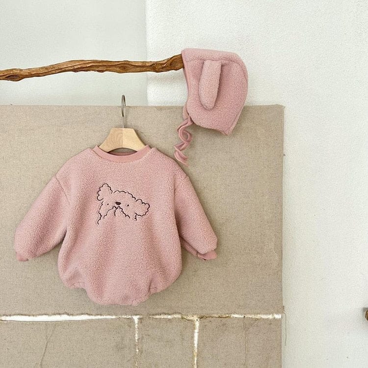 長袖ロンパース Dark Pink / 6M 66cm ベビー プードル 犬 ボア フリース  長袖 ロンパース 耳帽子 セット【mh0001104】