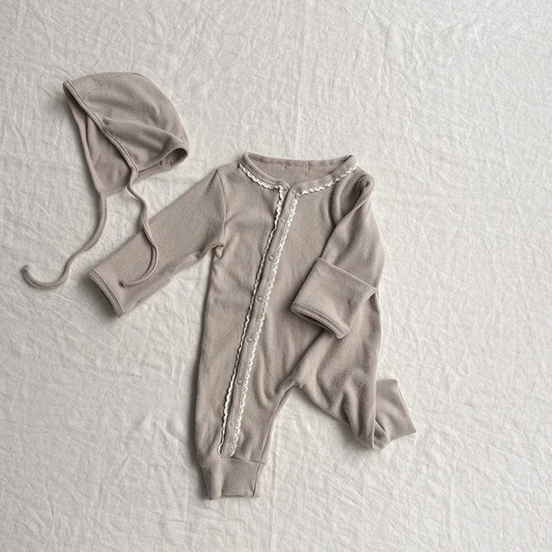 長袖ロンパース Gray / 66cm ベビー フラワー 長袖 ジャンプスーツ ロンパース ボンネット セット【mh0001044】