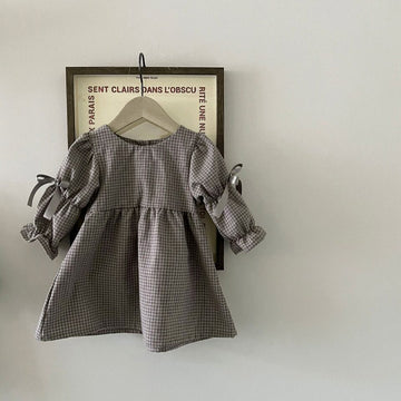 長袖ワンピース Light Coffee / 73cm ベビー 長袖ワンピース チェック リボン ドレス ガールズ 女の子 子供服【mh0002881】