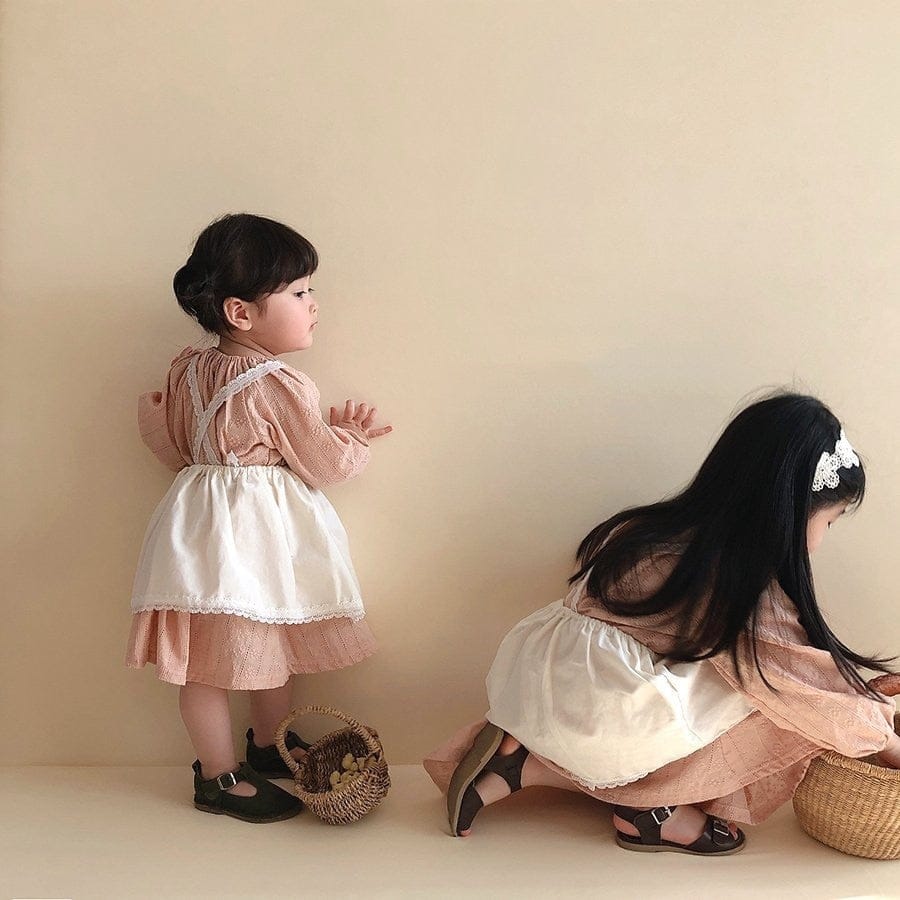 長袖ロンパース ベビーキッズ フラワー 刺繍 エプロン ワンピース ロンパース【mh0000064】