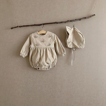 長袖ロンパース ベビー フラワー 刺繍 ロンパース 帽子 ボンネット【mh0000082】
