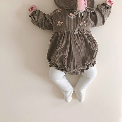 長袖ロンパース ベビー フラワー 刺繍 ロンパース 帽子 ボンネット【mh0000082】