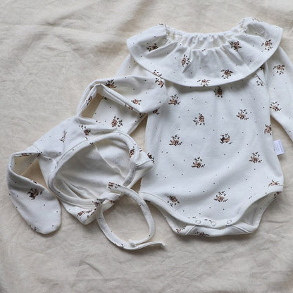 長袖ロンパース ベビー フラワー フリルカラー 長袖 ロンパース うさ耳 帽子 セット【mh0000954】