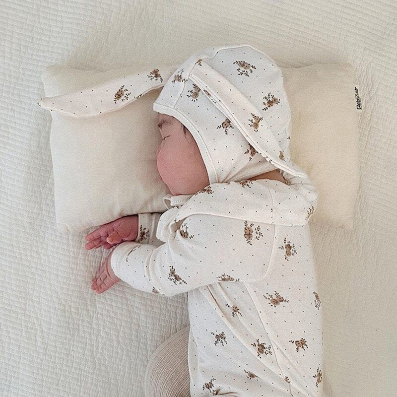 長袖ロンパース ベビー フラワー フリルカラー 長袖 ロンパース うさ耳 帽子 セット【mh0000954】