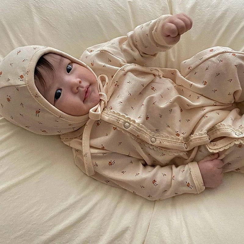 長袖ロンパース ベビー フラワー 長袖 ジャンプスーツ ロンパース ボンネット セット【mh0001044】