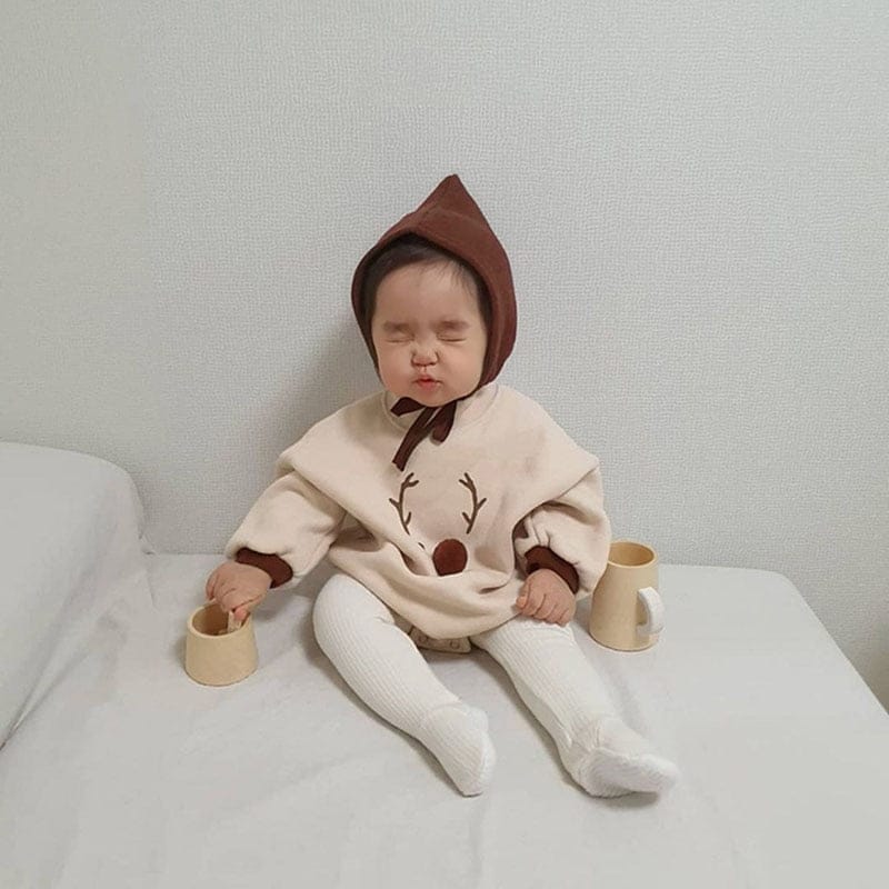 長袖ロンパース ベビー トナカイ 裏フリース 長袖 ロンパース とんがり 帽子【mh0001176】