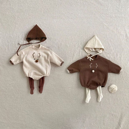 長袖ロンパース ベビー トナカイ 裏フリース 長袖 ロンパース とんがり 帽子【mh0001176】