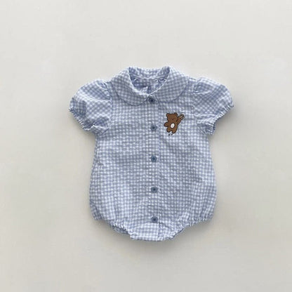 半袖ロンパース ベビー チェック くま ベア 半袖 パフスリーブ ブラウス シャツ ロンパース【mh0001788】