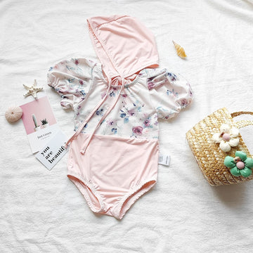 ベビー用水着 ベビー 水着 フラワー 花柄 ドッキング 半袖 パフスリーブ ワンピース 帽子 セット スイムウェア ピンク ガールズ【mh0002069】