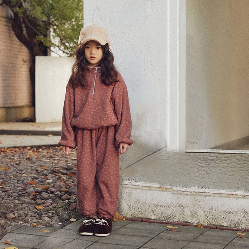 長袖セットアップ Wine Red / 12M 80cm キッズ セットアップ ハーフジップ フラワー スウェット トップス パンツ【mh0001009】