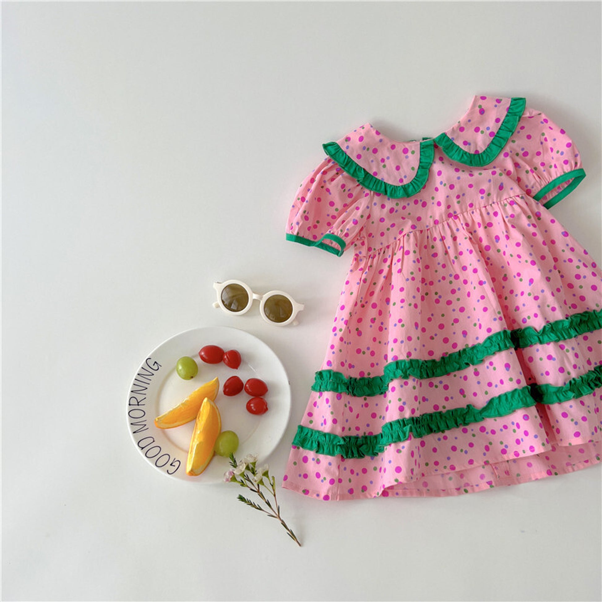 -キッズ みずたま 半袖 フリル ワンピース - mamahalo shop - 半袖ワンピース -  べビー服 - 子供服 - 男の子 - 女の子