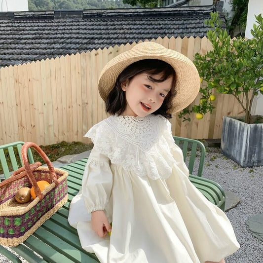 -キッズワンピース レース ドレス 長袖ワンピース ベージュ - mamahalo shop - 長袖ワンピース -  べビー服 - 子供服 - 男の子 - 女の子