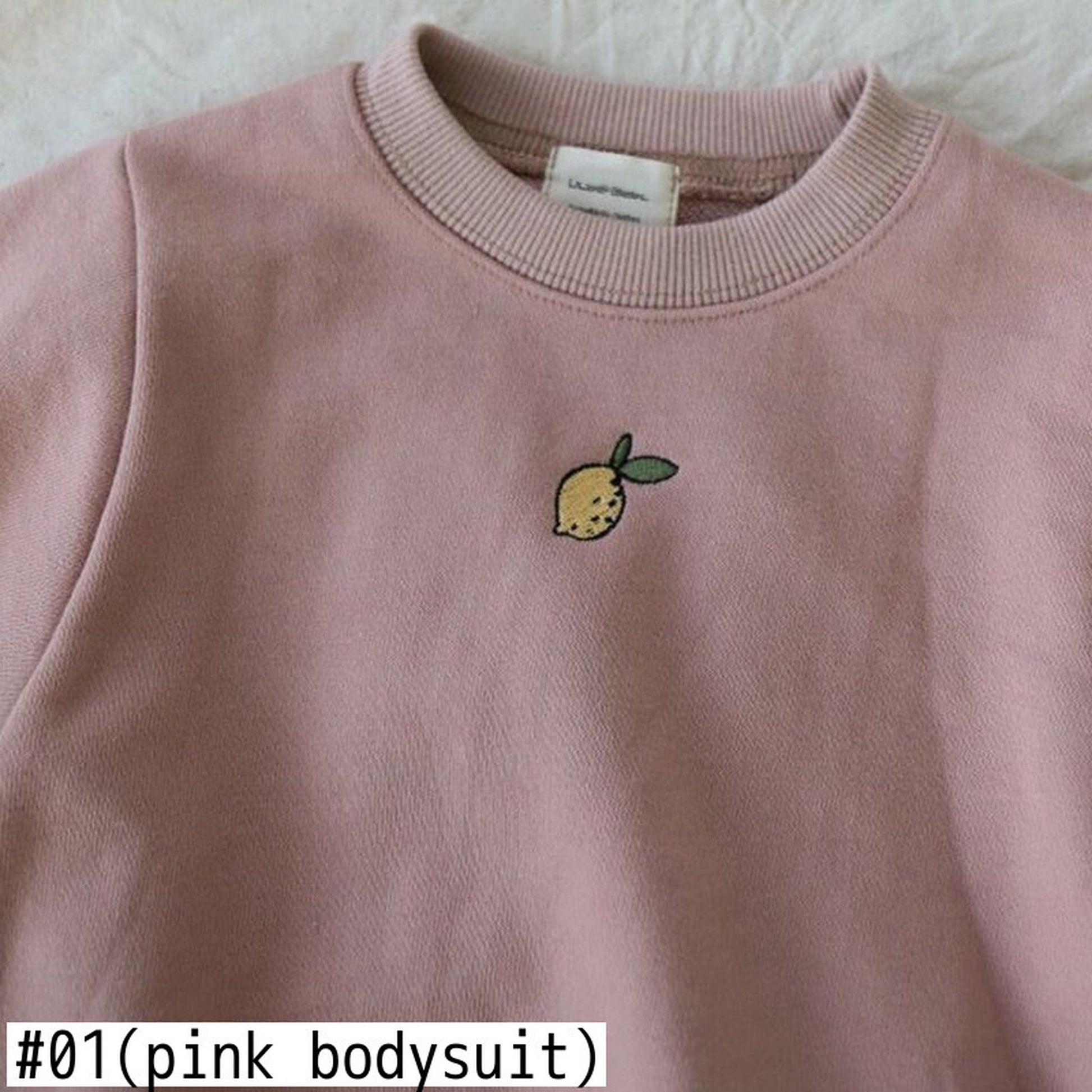 -ベビーロンパース レモン刺繍ワンポイント 長袖ボディスーツ グレー/ホワイト/ピンク/3カラー - mamahalo shop - 長袖ロンパース -  べビー服 - 子供服 - 男の子 - 女の子