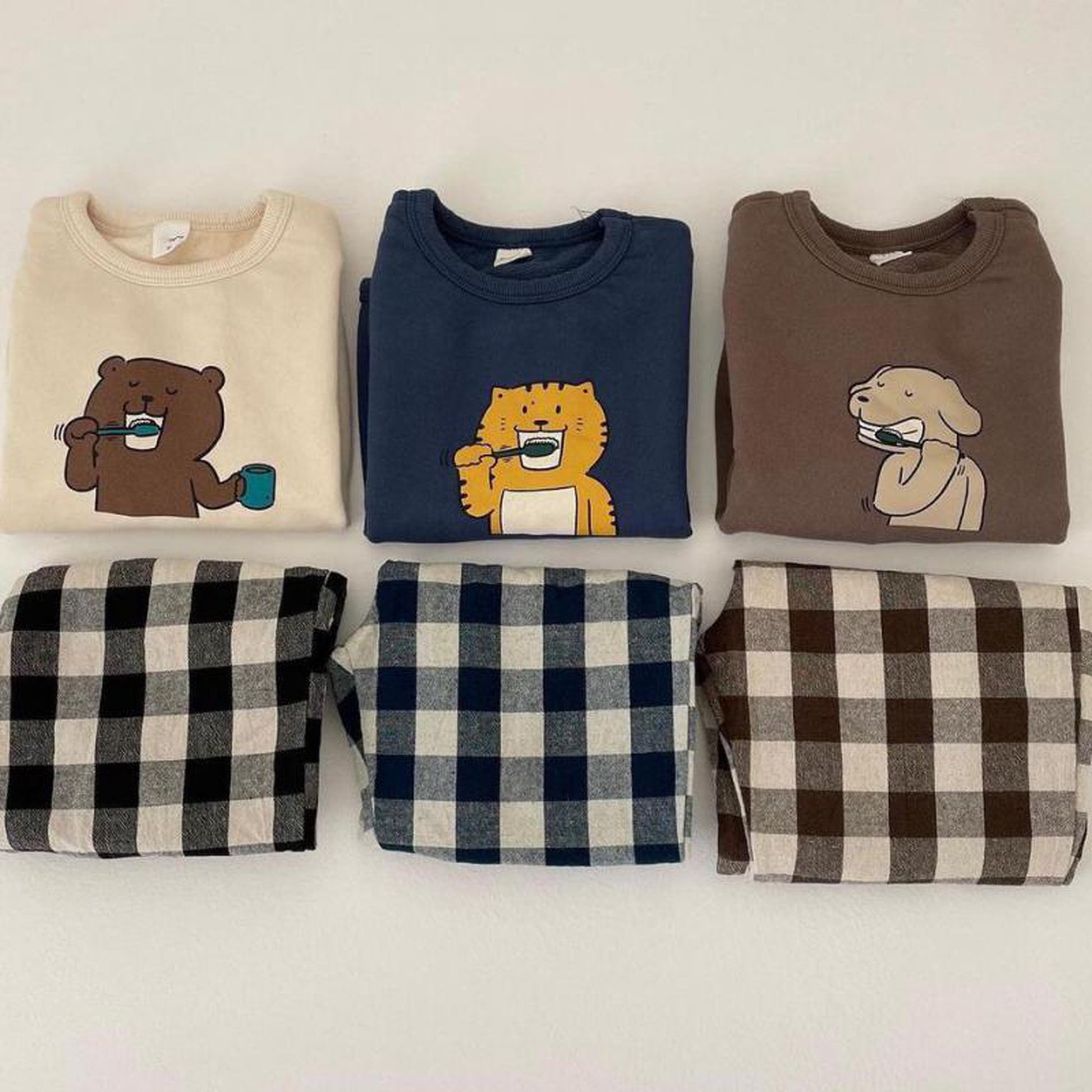 -ベビー アニマル 歯磨き トレーナー チェック パンツ【mh0000296】 - mamahalo shop - トレーナー・フーディ -  べビー服 - 子供服 - 男の子 - 女の子