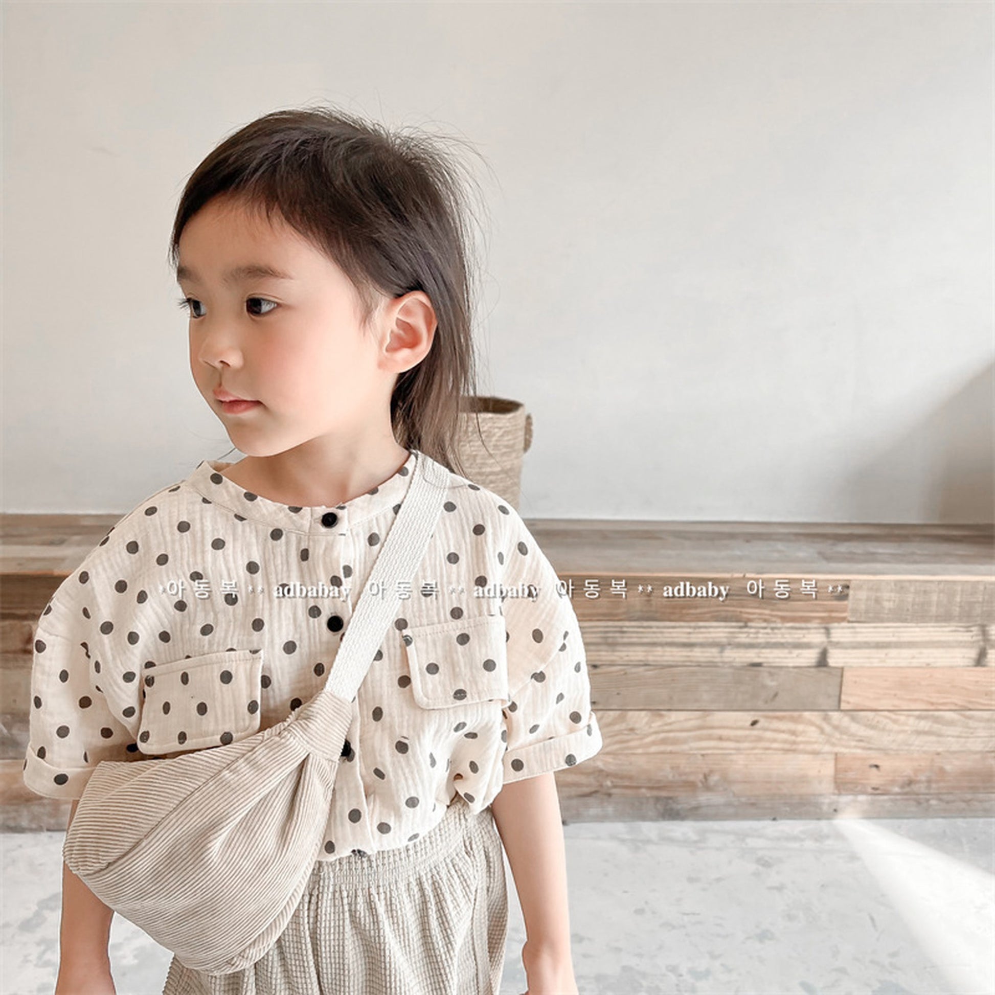 -キッズ みずたま ノーカラー 半袖 シャツ ブラウス トップス - mamahalo shop - 半袖シャツ・ブラウス -  べビー服 - 子供服 - 男の子 - 女の子