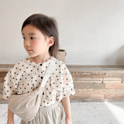 -キッズ みずたま ノーカラー 半袖 シャツ ブラウス トップス - mamahalo shop - 半袖シャツ・ブラウス -  べビー服 - 子供服 - 男の子 - 女の子