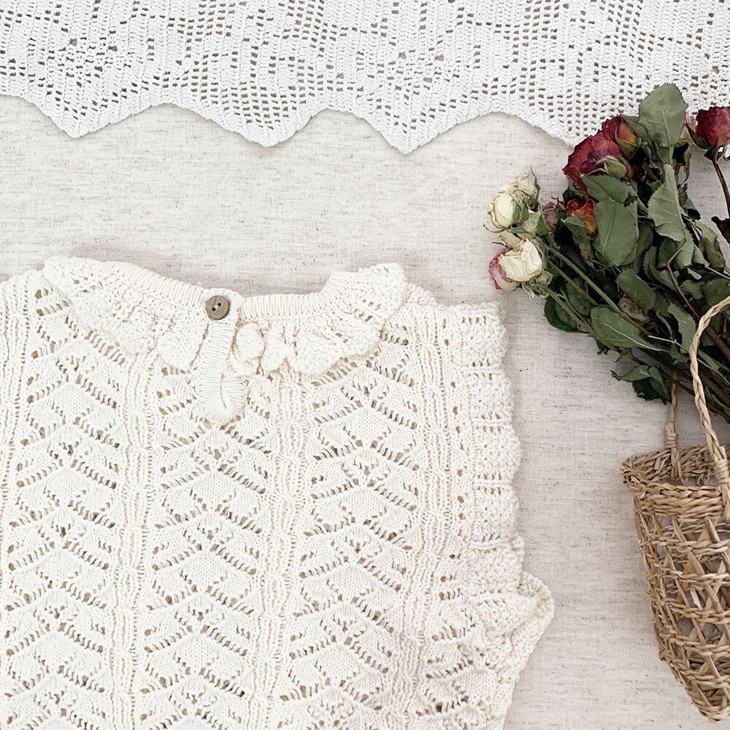 -ベビーキッズトップス レースニット フリル襟ベスト クリームアイボリー/イエロー/2カラー - mamahalo shop - ベスト -  べビー服 - 子供服 - 男の子 - 女の子