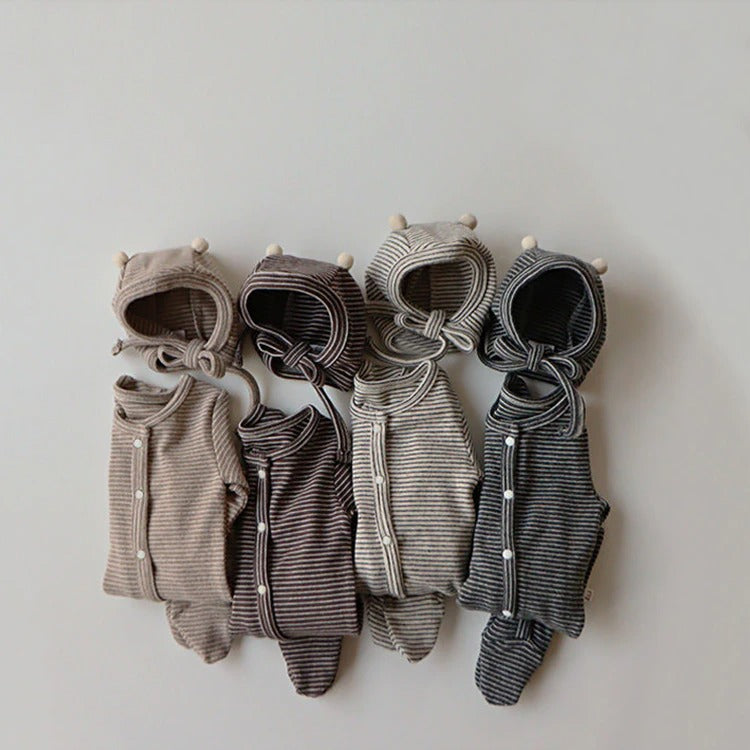 -ベビー ボーダー 足つき ロンパース ぽんぽん帽子 セット【mh0000050】 - mamahalo shop - 長袖ロンパース -  べビー服 - 子供服 - 男の子 - 女の子