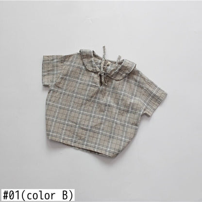 -キッズトップス セーラーカラー チェック リボン 半袖ブラウス - mamahalo shop - 半袖シャツ・ブラウス -  べビー服 - 子供服 - 男の子 - 女の子