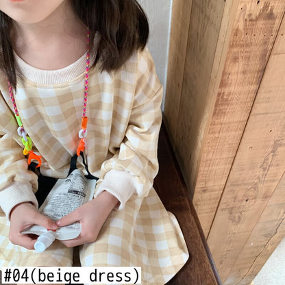-キッズトップス ワンピース チェック 長袖Tシャツ 長袖フレアワンピース リンクコーデ 兄弟姉妹 お揃いコーデ ピンク/ベージュ/2カラー【mh0000062】 - mamahalo shop - 長袖ワンピース -  べビー服 - 子供服 - 男の子 - 女の子