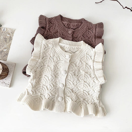 ベスト ベビー キッズ ニット フリル ベスト カーディガン クリームアイボリー ライトコーヒー 2色 ガールズ 女の子【mh0002807】