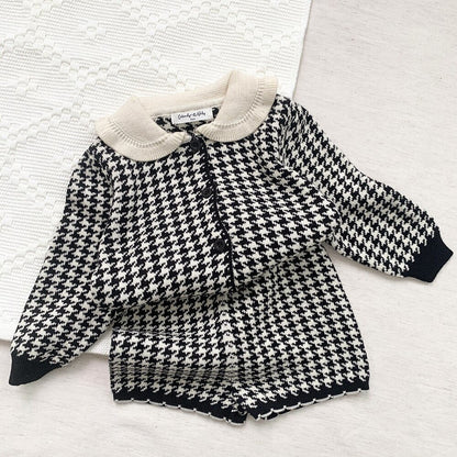 長袖セットアップ Black / 9M 73cm ベビー キッズ 千鳥格子 セットアップ 前あき カーディガン トップス ショート パンツ【mh0000258】