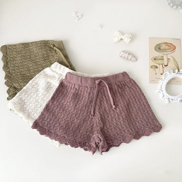ハーフパンツ・ショートパンツ ベビー キッズ レースニット 透け感 ショートパンツ アイボリーホワイト カーキグリーン パープル ガールズ【mh0002016】