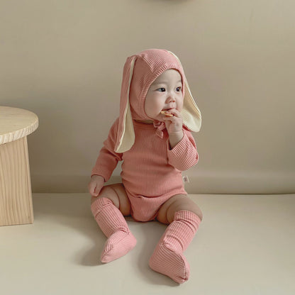 -ベビーロンパース しっぽ付き 長袖ロンパース うさ耳帽子 お揃い靴下 3点セット【mh0000384】 - mamahalo shop - 長袖ロンパース -  べビー服 - 子供服 - 男の子 - 女の子