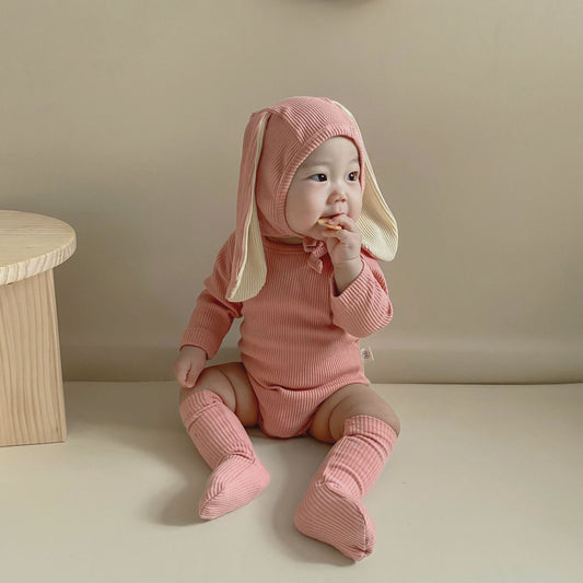 -ベビーロンパース しっぽ付き 長袖ロンパース うさ耳帽子 お揃い靴下 3点セット【mh0000384】 - mamahalo shop - 長袖ロンパース -  べビー服 - 子供服 - 男の子 - 女の子