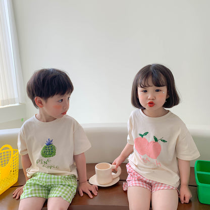 -キッズ フルーツ セットアップ Tシャツ チェック パンツ 48902210 - mamahalo shop - 半袖セットアップ -  べビー服 - 子供服 - 男の子 - 女の子