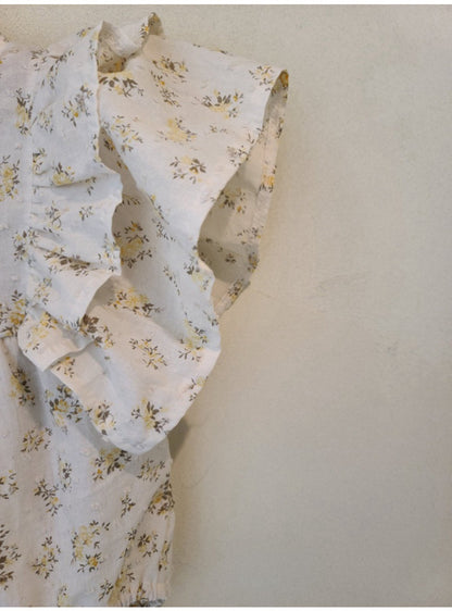 -ベビー ラッフルフリル バタフライスリーブ フラワー 無地 ロンパース - mamahalo shop - 半袖ロンパース -  べビー服 - 子供服 - 男の子 - 女の子