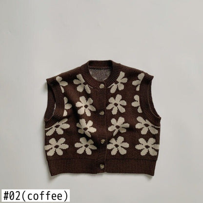 -ベビー キッズ ニット フラワー 前あき ベスト - mamahalo shop - ベスト -  べビー服 - 子供服 - 男の子 - 女の子