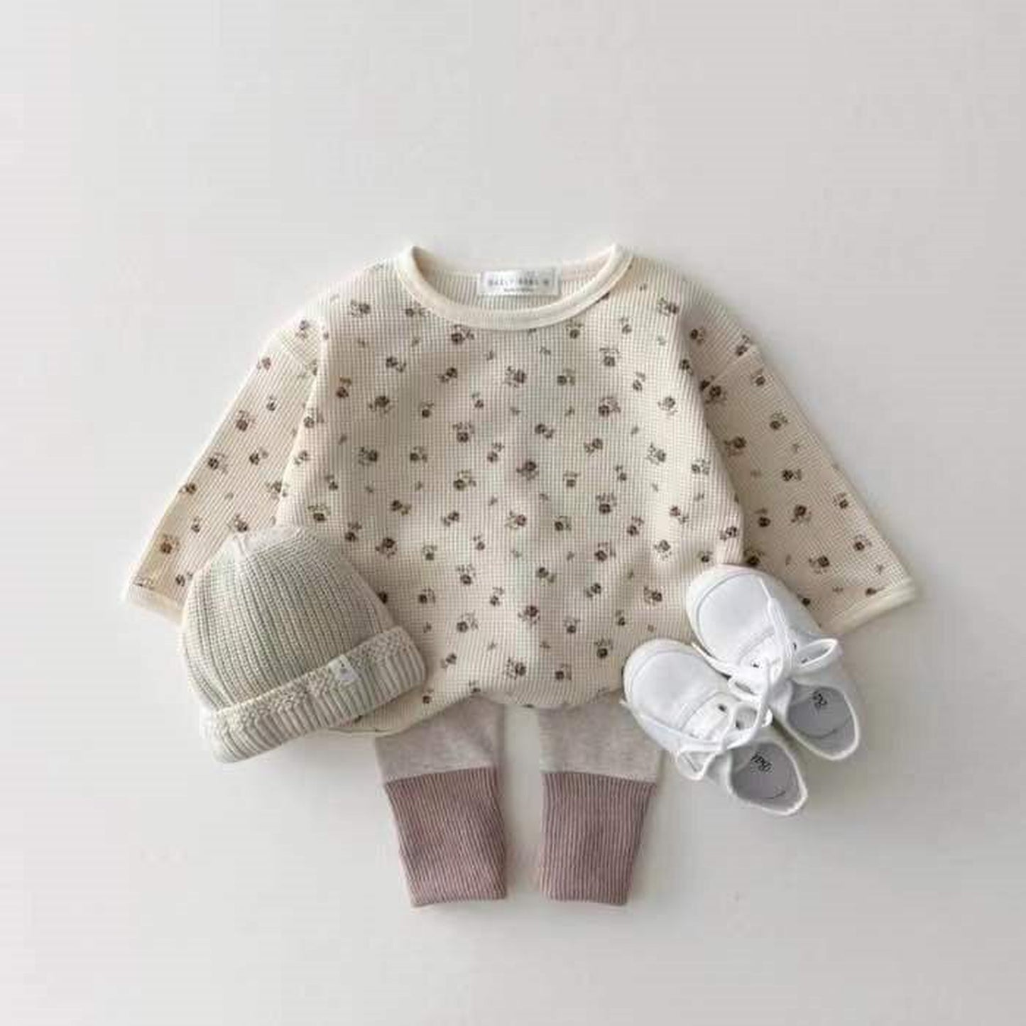 -ベビートップス くま ベア フラワー ワッフル 長袖Tシャツ【mh0000356】 - mamahalo shop - 長袖Tシャツ -  べビー服 - 子供服 - 男の子 - 女の子