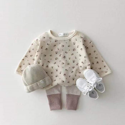 -ベビートップス くま ベア フラワー ワッフル 長袖Tシャツ【mh0000356】 - mamahalo shop - 長袖Tシャツ -  べビー服 - 子供服 - 男の子 - 女の子