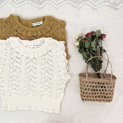 -ベビーキッズトップス レースニット フリル襟ベスト クリームアイボリー/イエロー/2カラー - mamahalo shop - ベスト -  べビー服 - 子供服 - 男の子 - 女の子