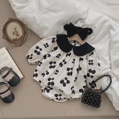 ベビー モノトーン レトロフラワー 長袖 ロンパース ヘアバンド セット