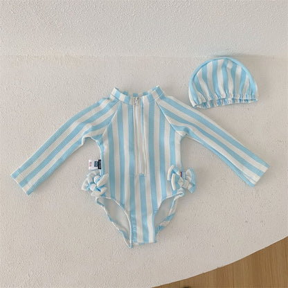 -キッズ 長袖 ワンピース 水着 ストライプ ラッシュガード スイムウェア 帽子 セット【mh0001521】 - mamahalo shop - ベビー用水着 -  べビー服 - 子供服 - 男の子 - 女の子