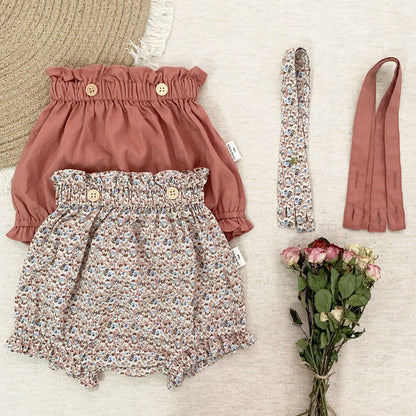 -ベビーキッズパンツ フラワー サスペンダー ブルマ フリル ショートパンツ - mamahalo shop - サロペットパンツ・サスペンダーパンツ -  べビー服 - 子供服 - 男の子 - 女の子
