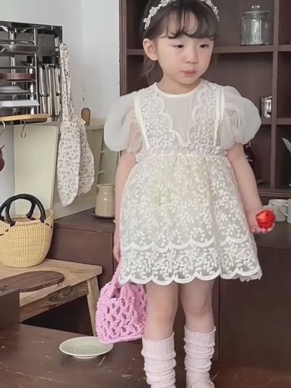 Kids' lace, tulle, embroidered, short-sleeved, puff-sleeve dress [mh0001738]