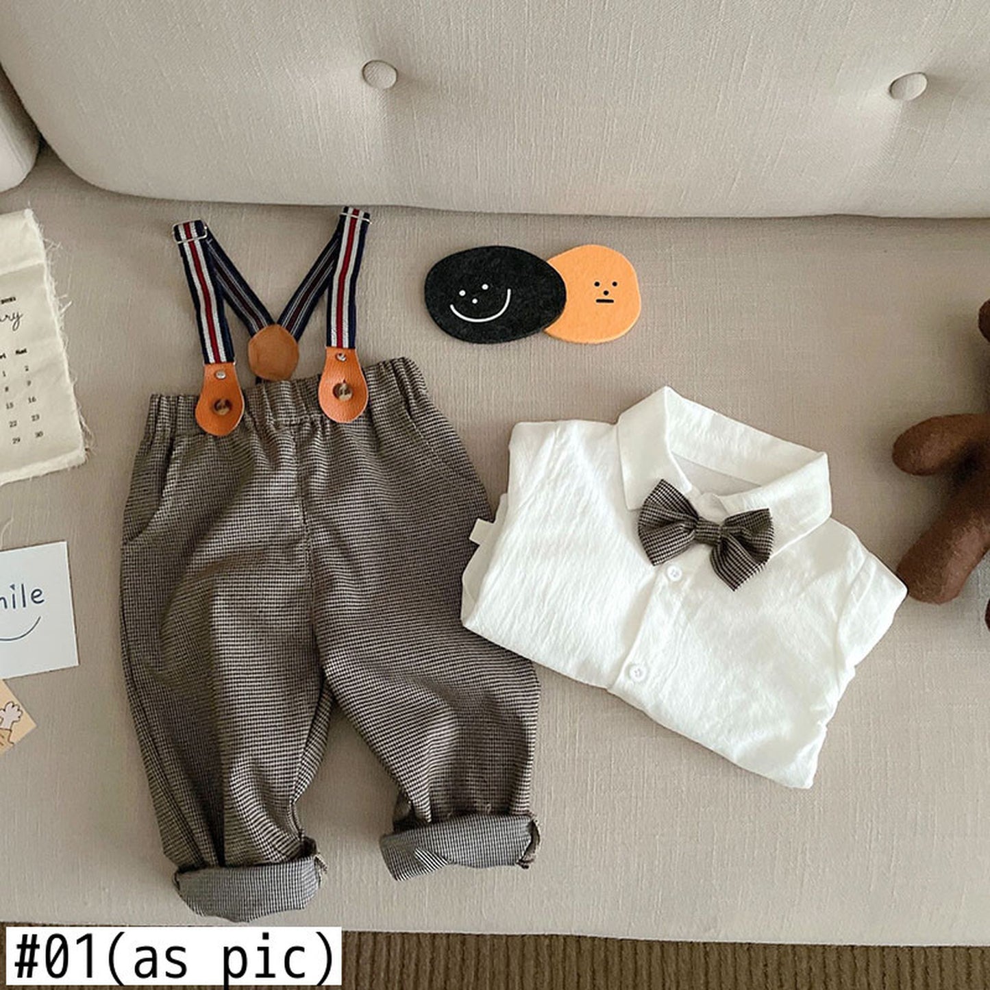 -ベビー セットアップ リボン シャツ チェック サスペンダー パンツ お出かけ【mh0000424】 - mamahalo shop - 長袖セットアップ -  べビー服 - 子供服 - 男の子 - 女の子