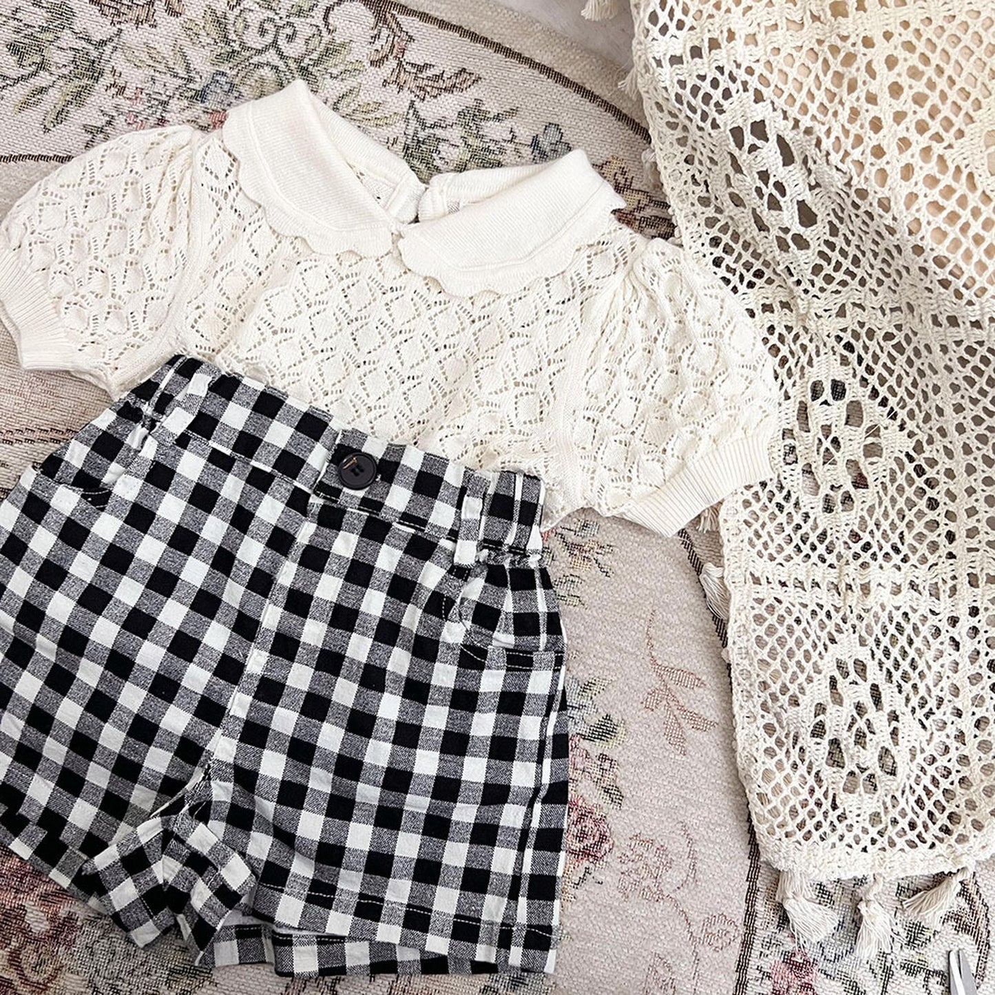 -ベビー キッズ レースニット 襟付き トップス ブラウス - mamahalo shop - 半袖シャツ・ブラウス -  べビー服 - 子供服 - 男の子 - 女の子