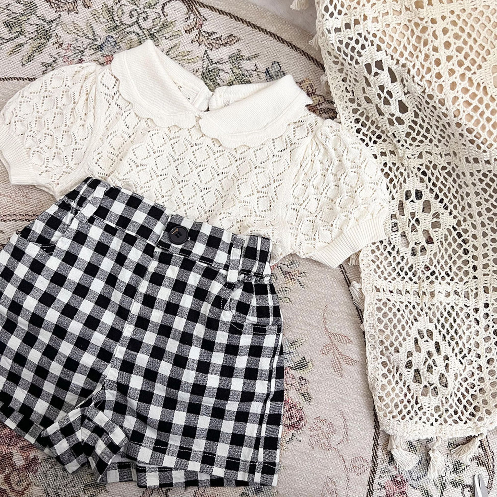 -ベビー キッズ レースニット 襟付き トップス ブラウス - mamahalo shop - 半袖シャツ・ブラウス -  べビー服 - 子供服 - 男の子 - 女の子