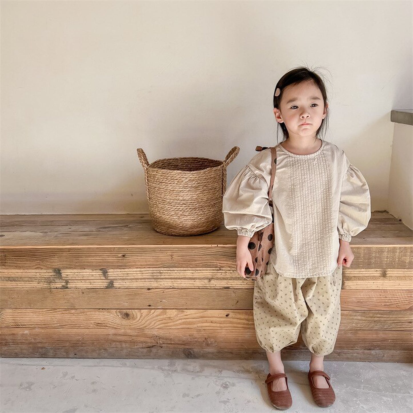 -キッズ センタープリーツ パフスリーブ 長袖 ブラウス トップス - mamahalo shop - 長袖シャツ・ブラウス -  べビー服 - 子供服 - 男の子 - 女の子