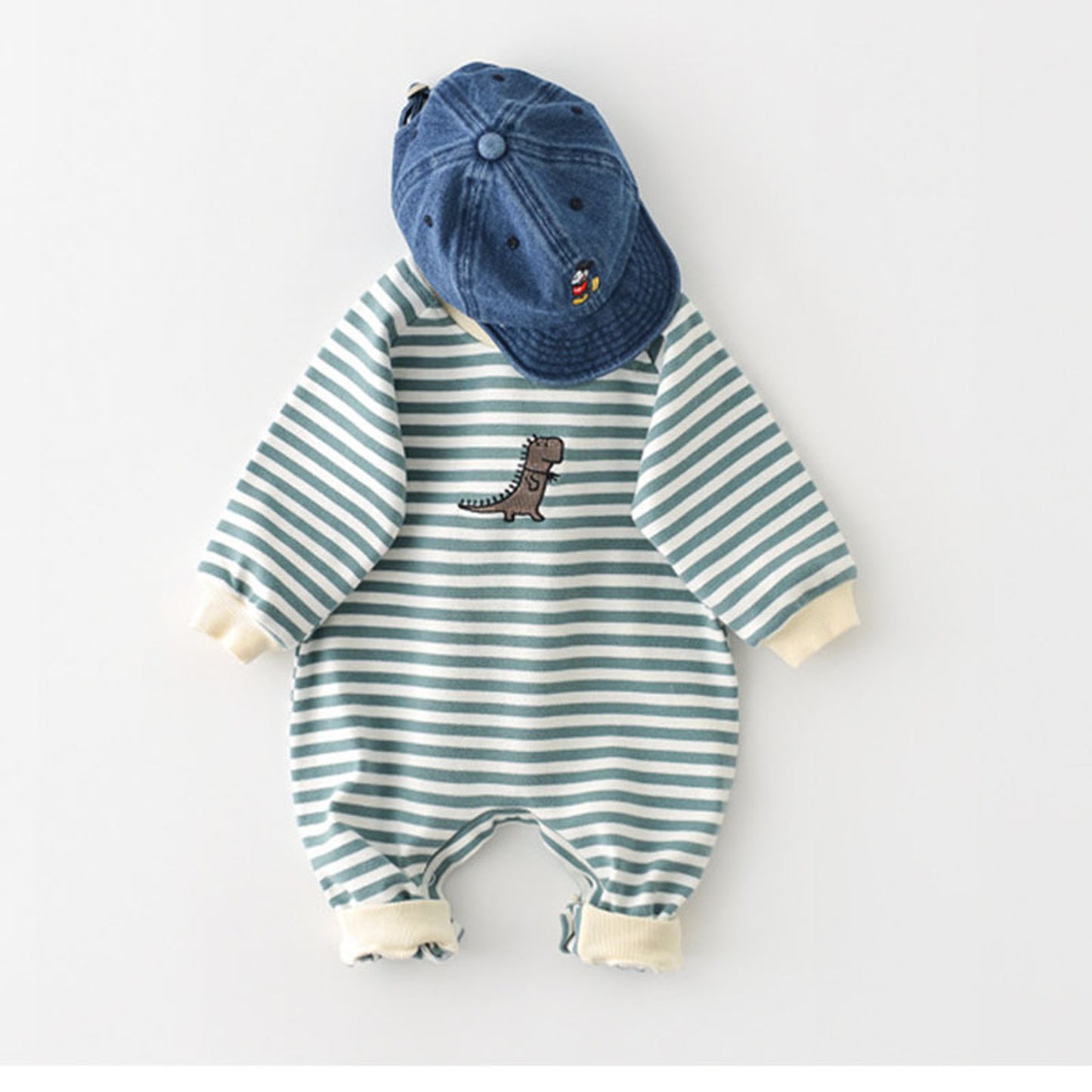 -ベビー ボーダー 恐竜 刺繍 ロンパース【mh0000372】 - mamahalo shop - 長袖ロンパース -  べビー服 - 子供服 - 男の子 - 女の子