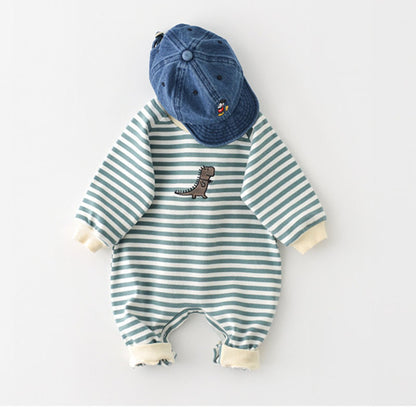 -ベビー ボーダー 恐竜 刺繍 ロンパース【mh0000372】 - mamahalo shop - 長袖ロンパース -  べビー服 - 子供服 - 男の子 - 女の子