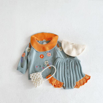 長袖セットアップ Blue / 6M 66cm ベビー セットアップ ニット フラワー 刺繍 セーター トップス フリル パンツ【mh0000375】