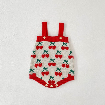 ロンパースセットアップ Bodysuit / 6M 66cm ベビー ニット セットアップ ハート チェリー さくらんぼ カーディガン サスペンダー ロンパース【mh0001037】