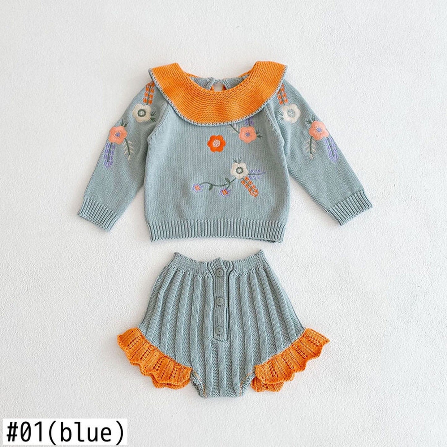 長袖セットアップ ベビー セットアップ ニット フラワー 刺繍 セーター トップス フリル パンツ【mh0000375】